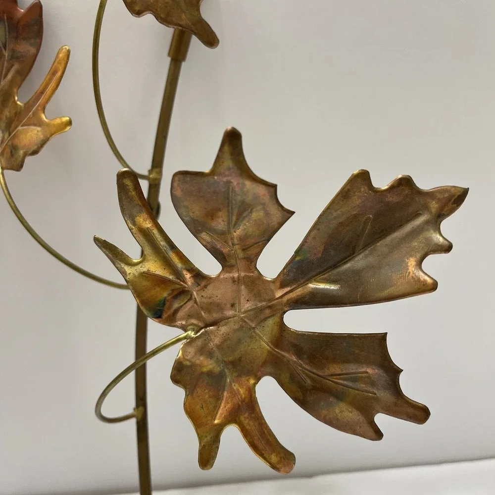 Vintage Brutalist-Style Wall Art Copper Toned Maple Leaves Metal Stem 12x15